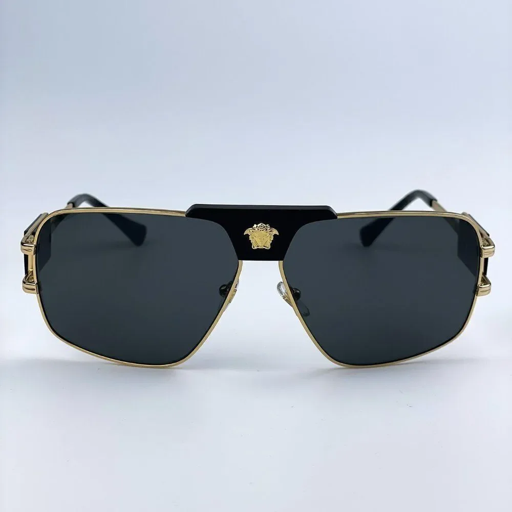 NEW Versace VE2251 100287 Gold Dark Grey Metal Pilot Men Sunglasses